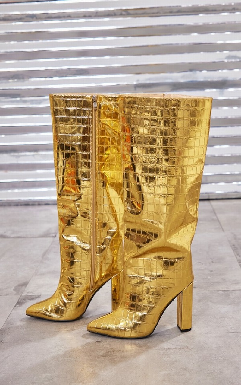 Gold Pretty Little Thing Wide Fit Metallic Point Toe Croc Block Highed Knee Boots | YQMDLNB-42