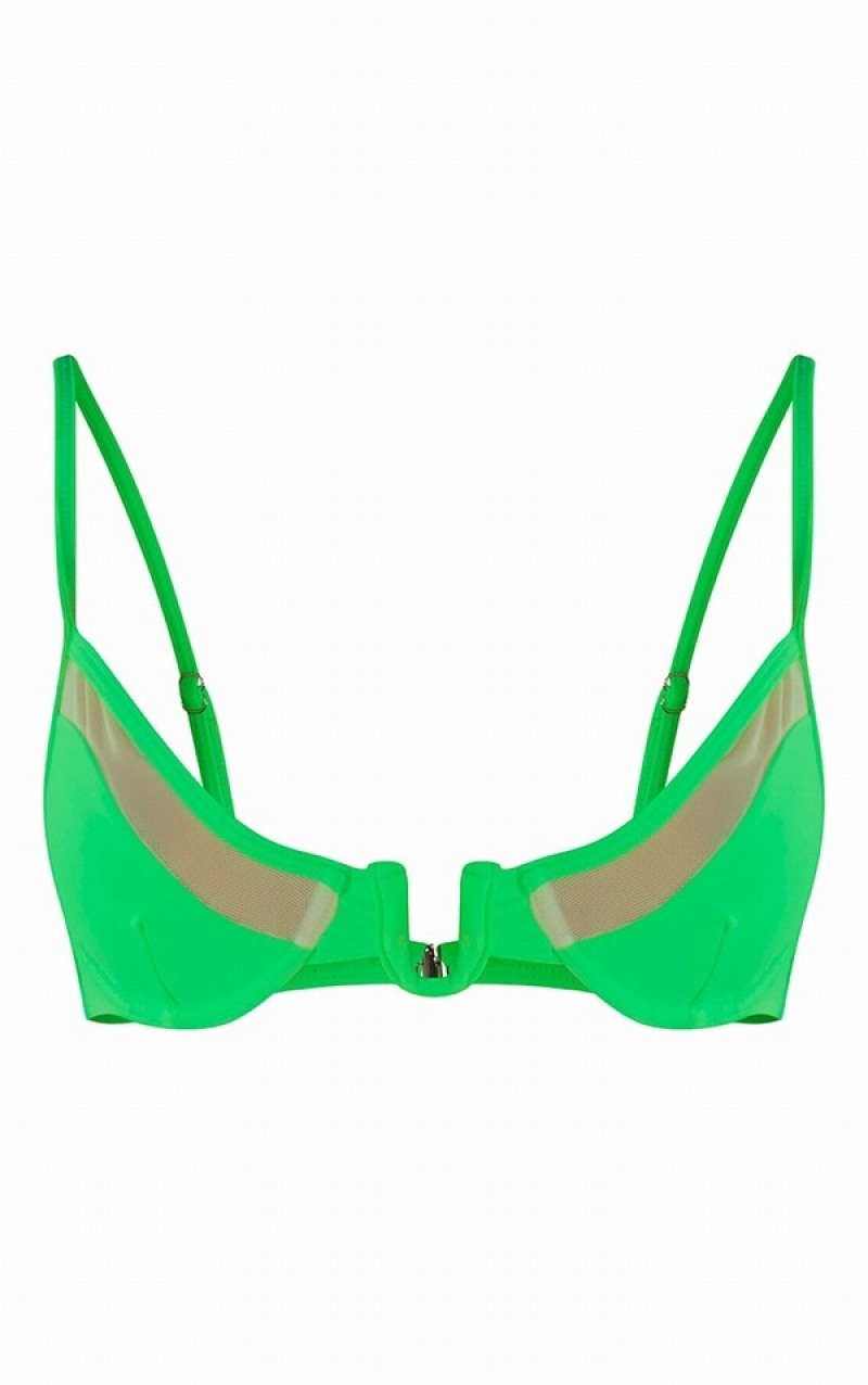 Green Pretty Little Thing Apple Trim Mesh Detail Underwired Bikini Tops | UIVAPKO-52