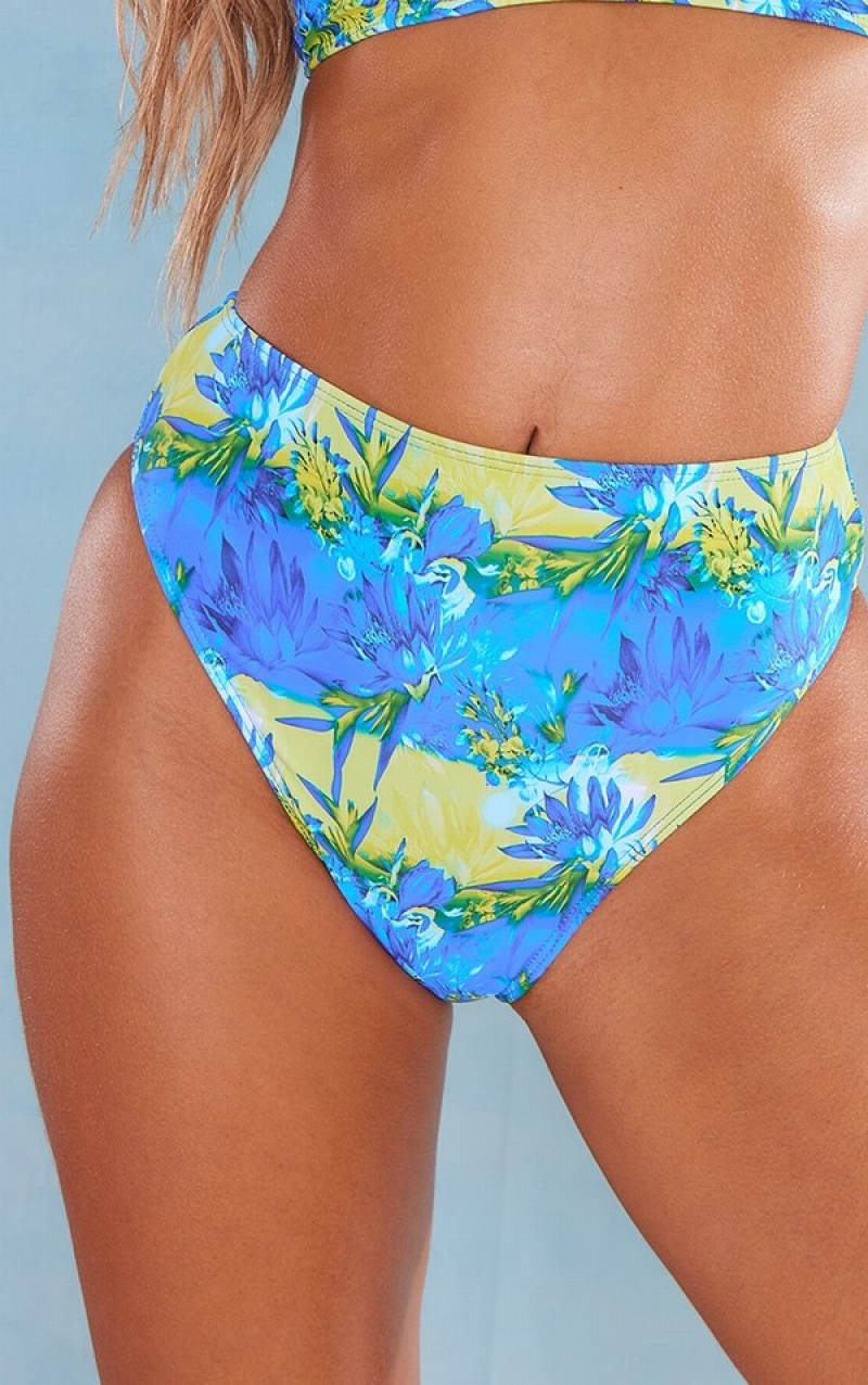 Green Pretty Little Thing BlurLeaf Print High Waisted High Leg Bikini Bottoms | EIAHBVC-89