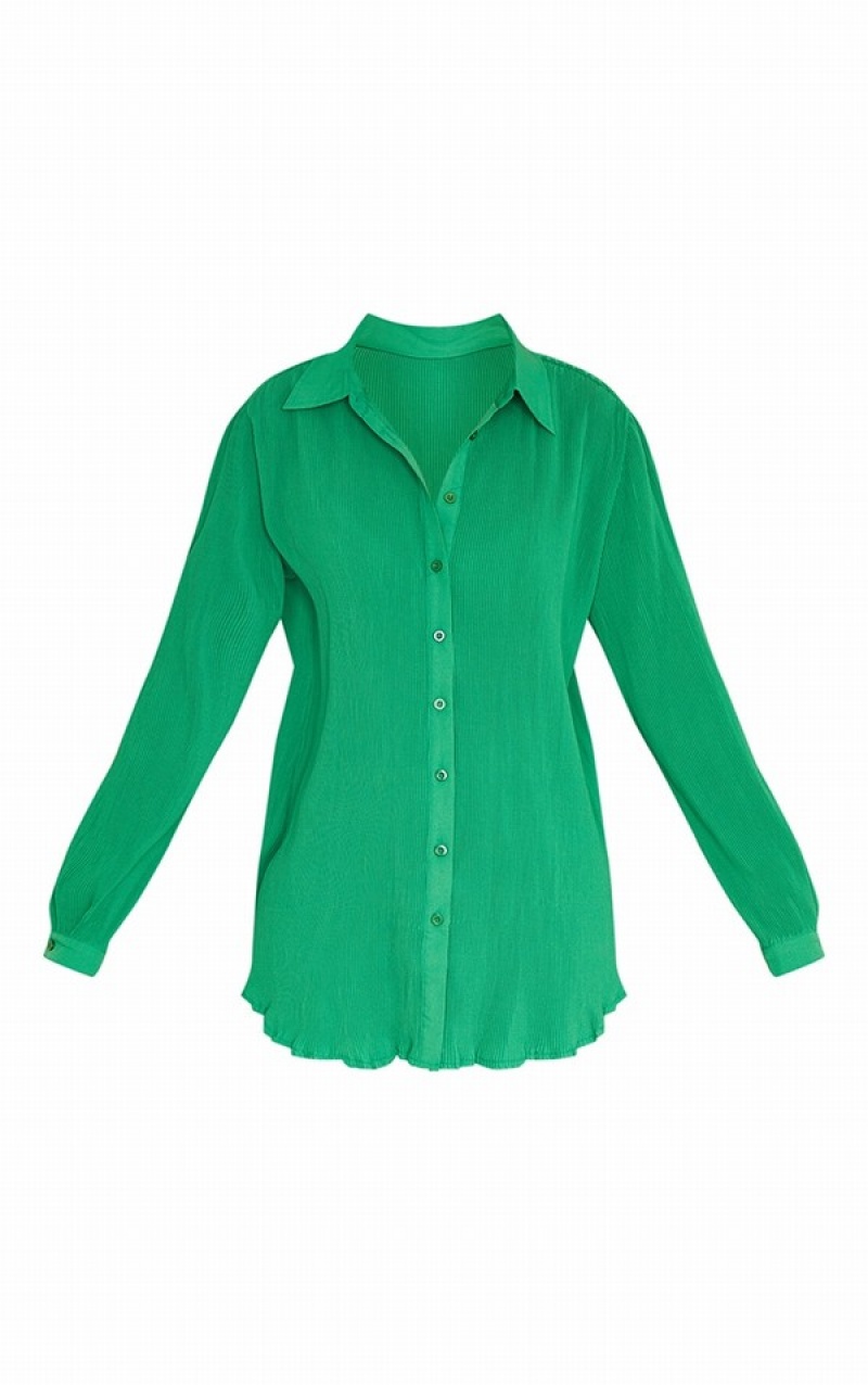 Green Pretty Little Thing Bright Plisse Button Front Oversized Shirts | NGYRPHC-05