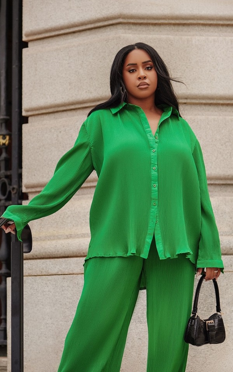 Green Pretty Little Thing Bright Plisse Button Front Oversized Shirts | NGYRPHC-05