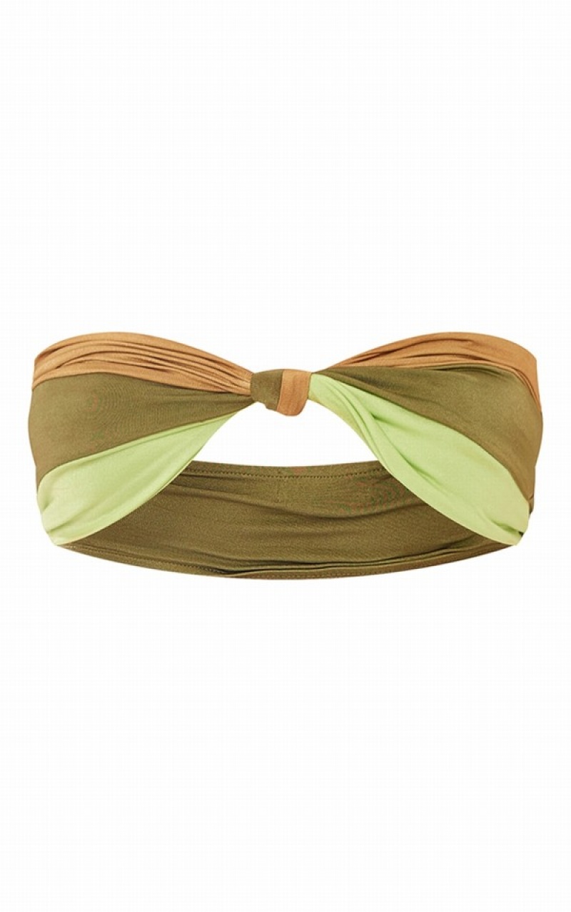 Green Pretty Little Thing Contrast Knot Front Bandeau Bikini Tops | MWDIPJX-25