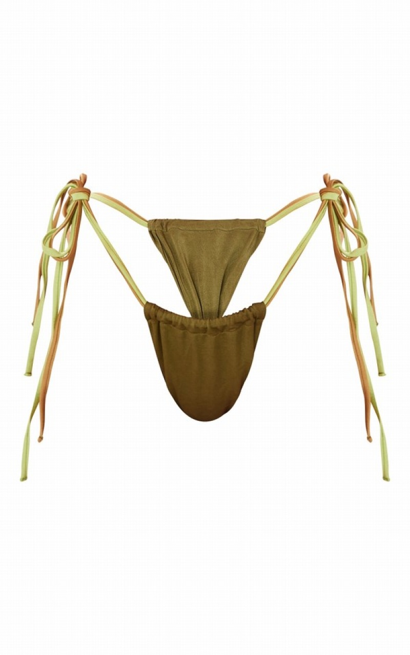 Green Pretty Little Thing Contrast Ruched Tanga Bikini Bottoms | PMOFBUV-82