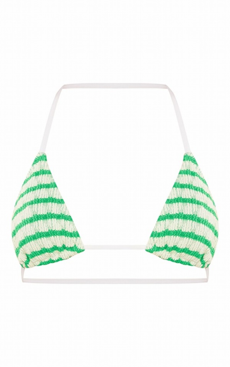 Green Pretty Little Thing Contrast Stripe Crinkle Triangle Bikini Tops | WFBXLAJ-92