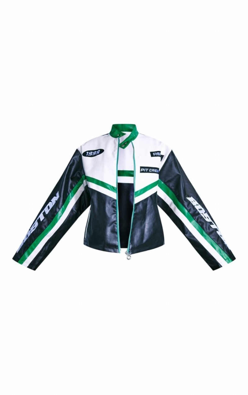 Green Pretty Little Thing Contrast Stripe Faux Leather Motocross Jackets | CPQEAYZ-10