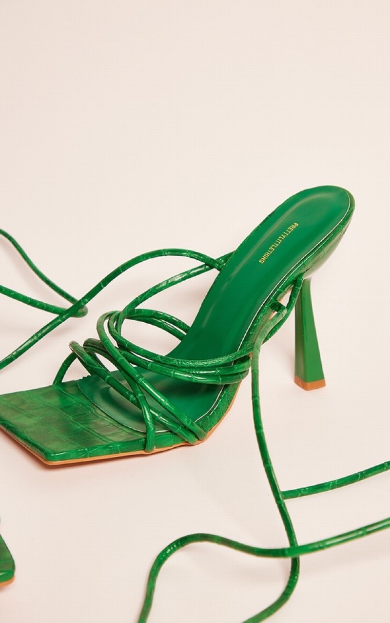 Green Pretty Little Thing Croc Strappy Twist Lace Up High Heels | FYONTQJ-54