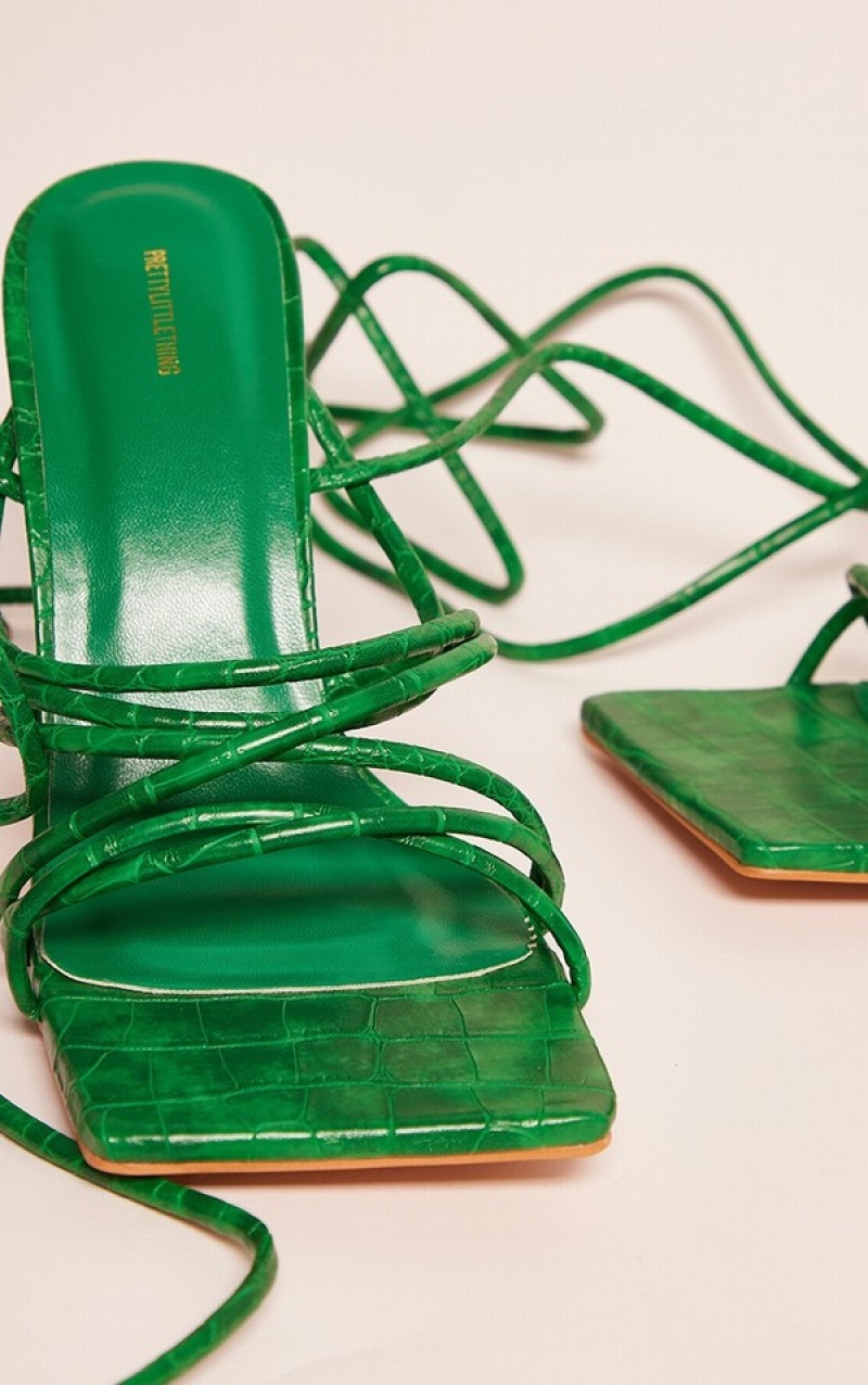 Green Pretty Little Thing Croc Strappy Twist Lace Up High Heels | FYONTQJ-54