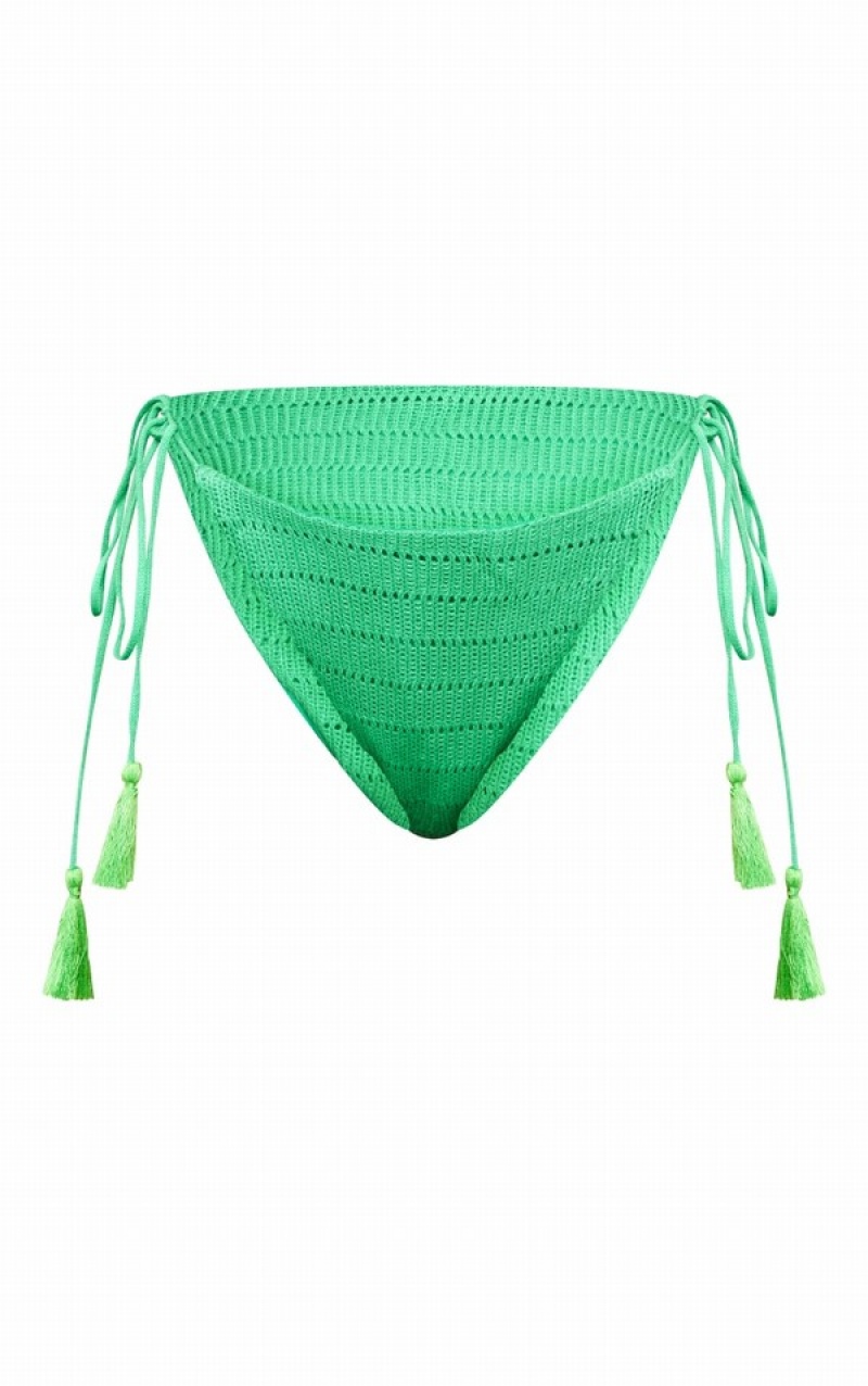 Green Pretty Little Thing Crochet Tassel Detail Tie Side Bikini Bottoms | TAZWSEN-08