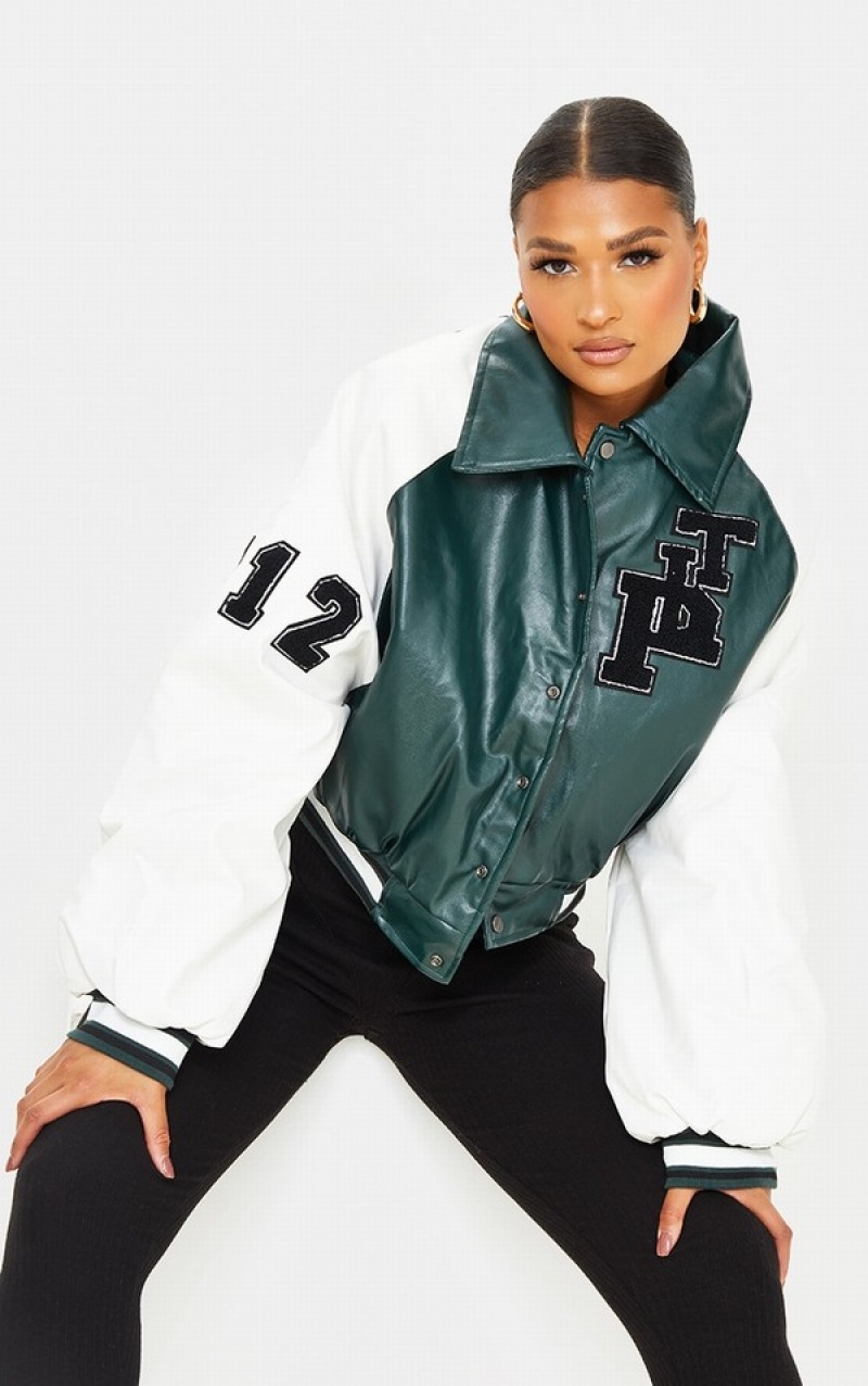 Green Pretty Little Thing Faux Leather Raglan Sleeve Cropped Varsity Bomber Jackets | KZUGMDR-20