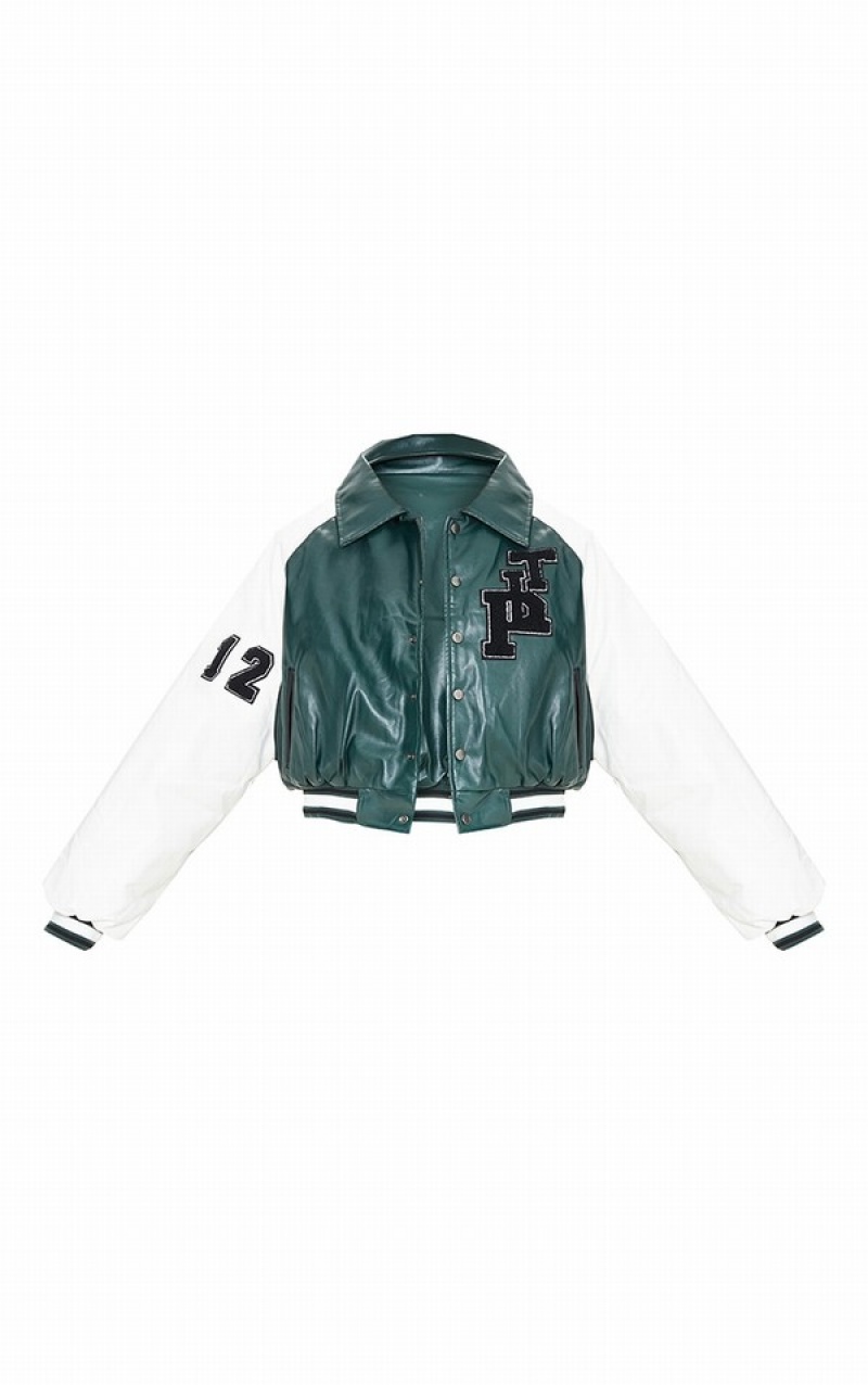 Green Pretty Little Thing Faux Leather Raglan Sleeve Cropped Varsity Bomber Jackets | KZUGMDR-20