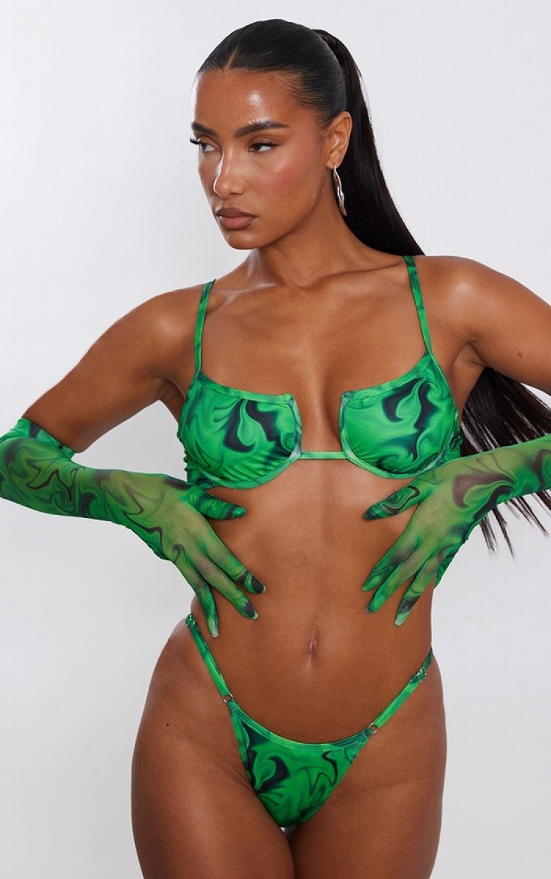 Green Pretty Little Thing Fire Print And Gloves Bikini Tops | NDKTRPL-38