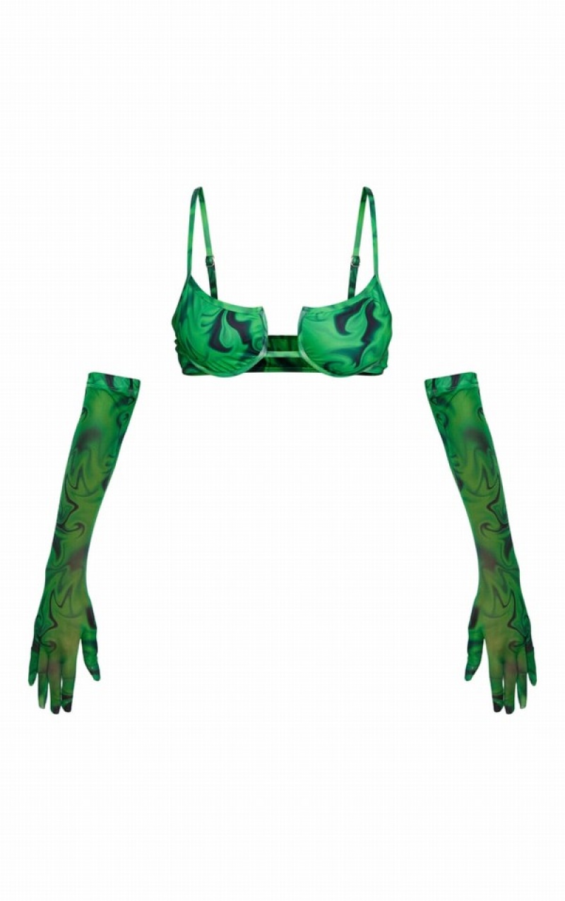 Green Pretty Little Thing Fire Print And Gloves Bikini Tops | NDKTRPL-38