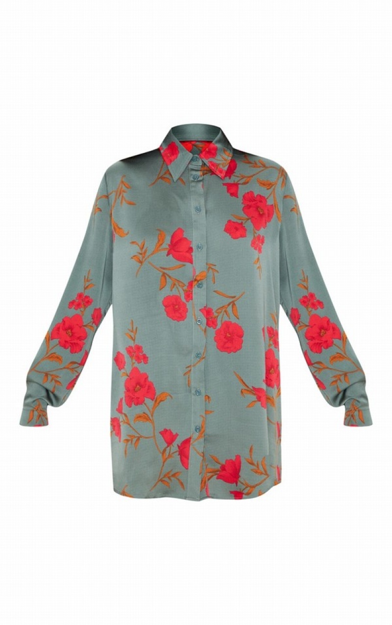 Green Pretty Little Thing Floral Print Oversized Shirts | SHECMVA-76