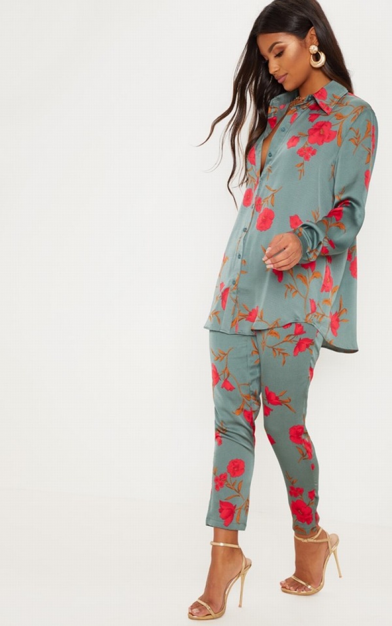 Green Pretty Little Thing Floral Print Oversized Shirts | SHECMVA-76