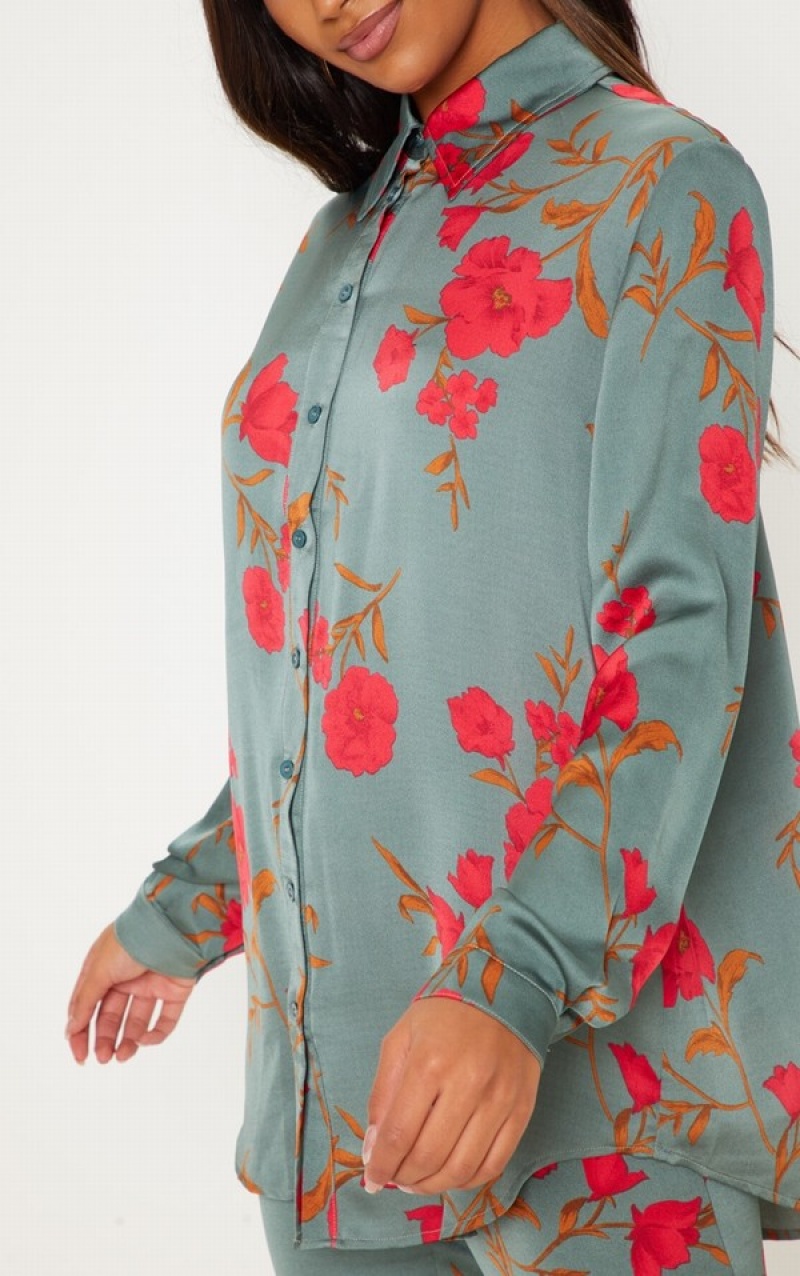 Green Pretty Little Thing Floral Print Oversized Shirts | SHECMVA-76