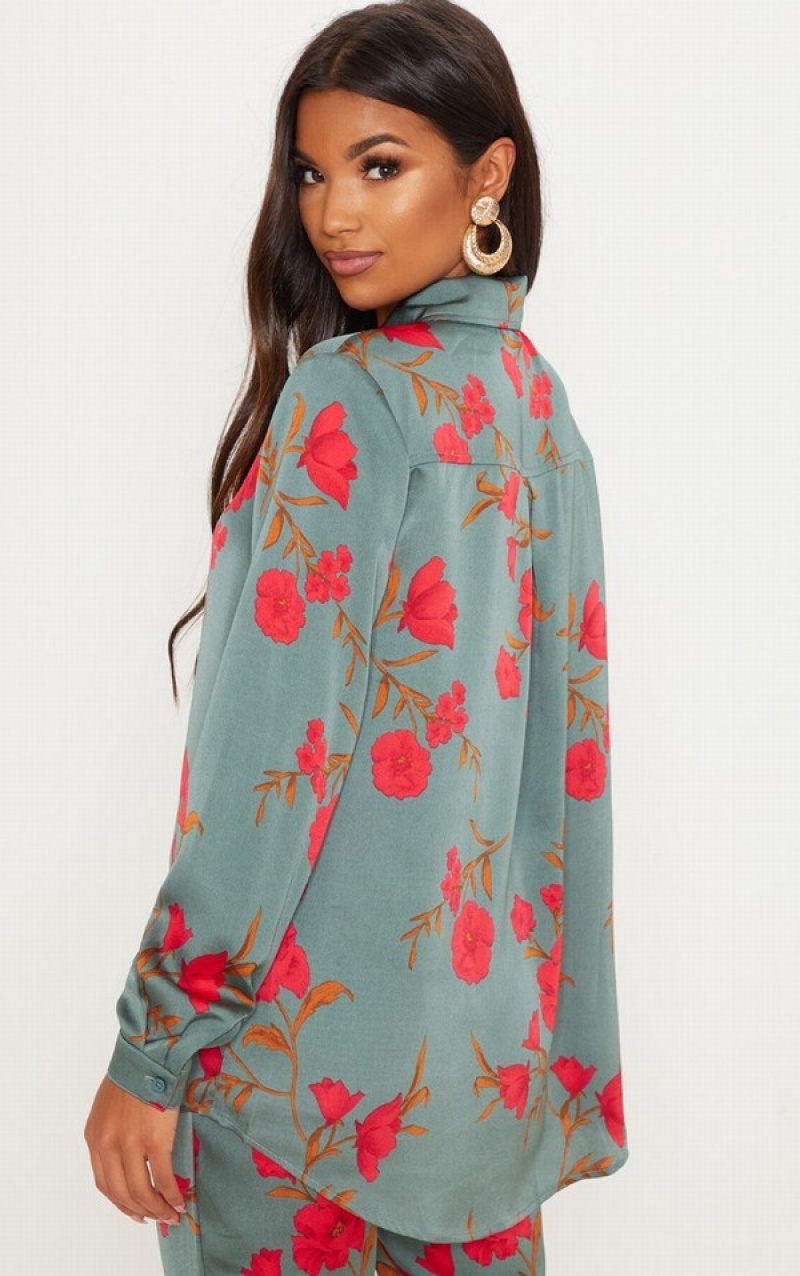 Green Pretty Little Thing Floral Print Oversized Shirts | SHECMVA-76