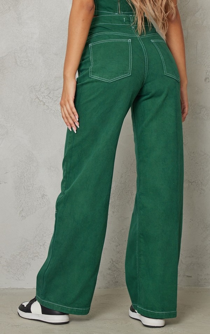 Green Pretty Little Thing Forest Contrast Stich Wide Leg Jean Jeans | ASVCQMR-21