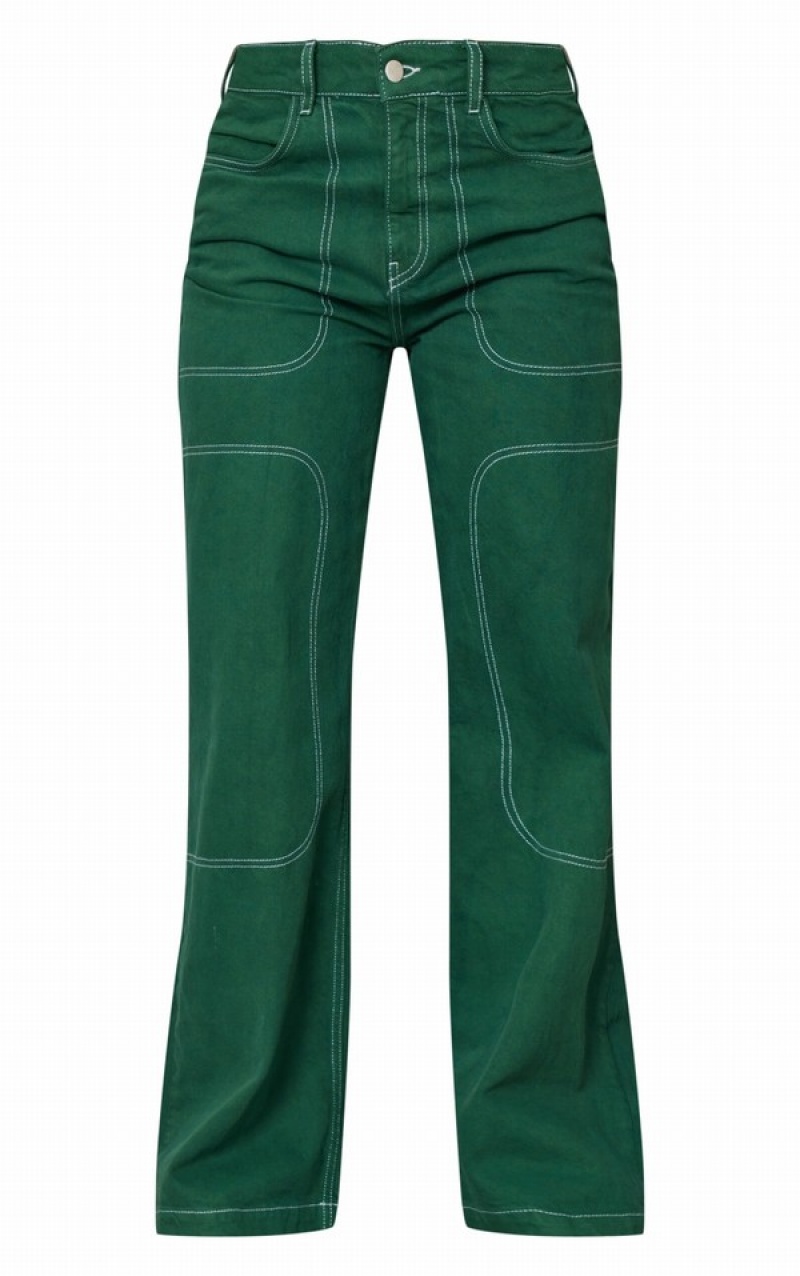 Green Pretty Little Thing Forest Contrast Stich Wide Leg Jean Jeans | ASVCQMR-21