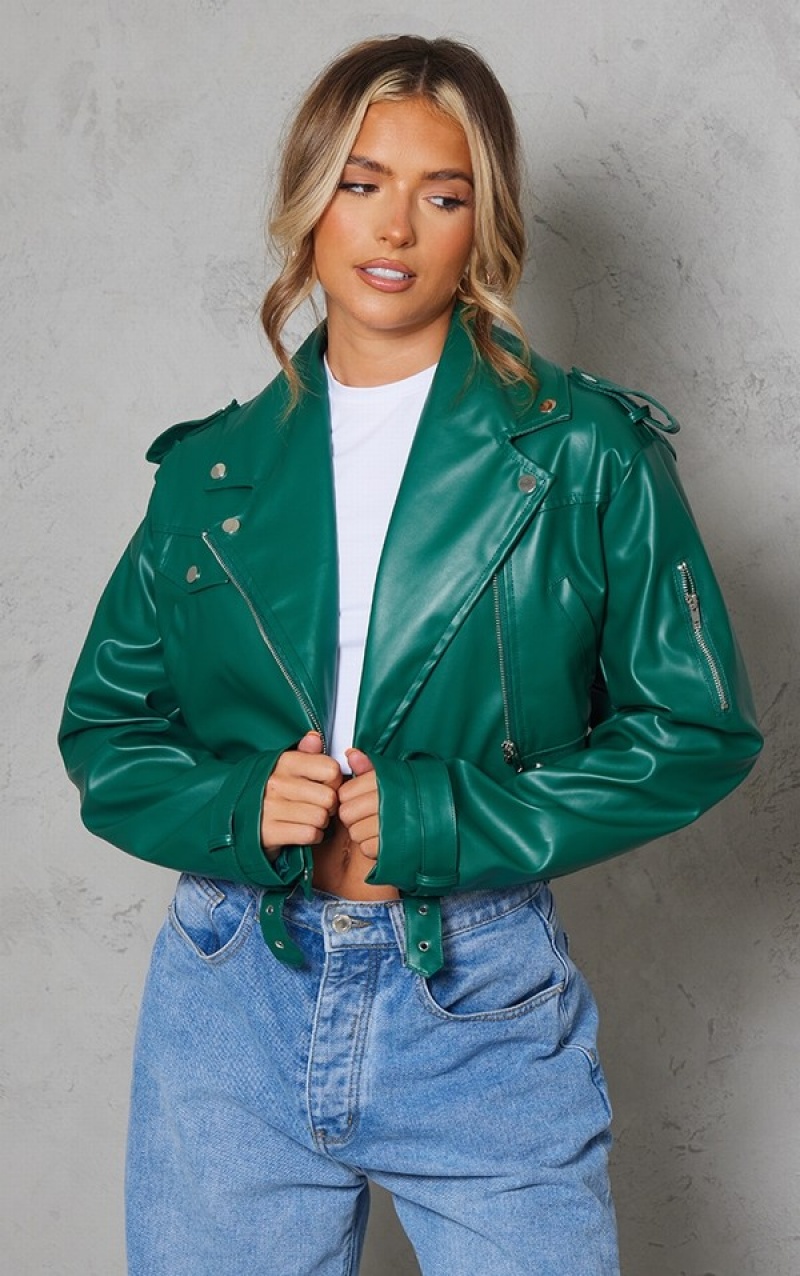 Green Pretty Little Thing Forest Oversized Cropped Boxy Biker Jackets | YHUDERB-42