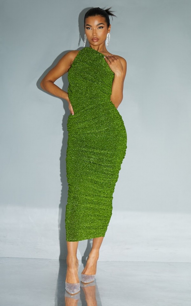 Green Pretty Little Thing Glitter Plisse Ruched One Shoulder Dresses | YXORTML-06