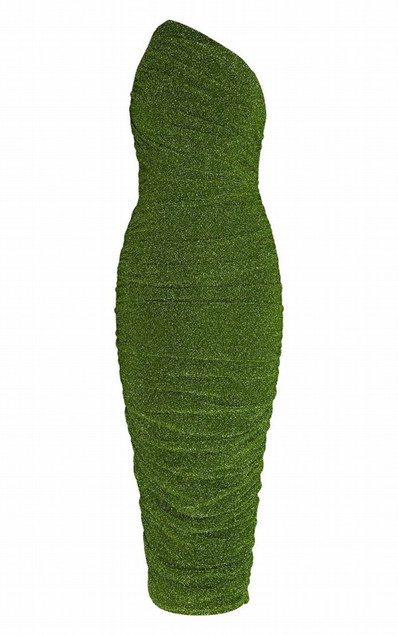 Green Pretty Little Thing Glitter Plisse Ruched One Shoulder Dresses | YXORTML-06