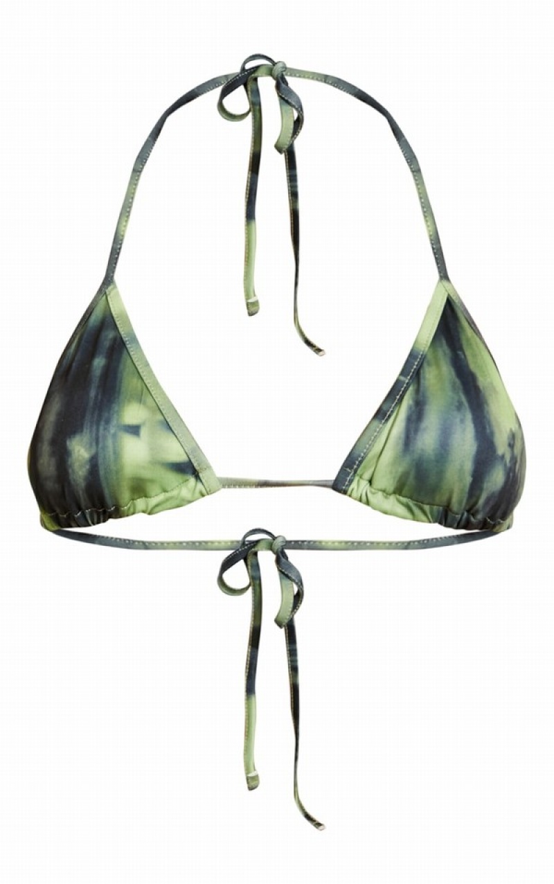 Green Pretty Little Thing Grunge Print Triangle Bikini Tops | UNLWZDG-09