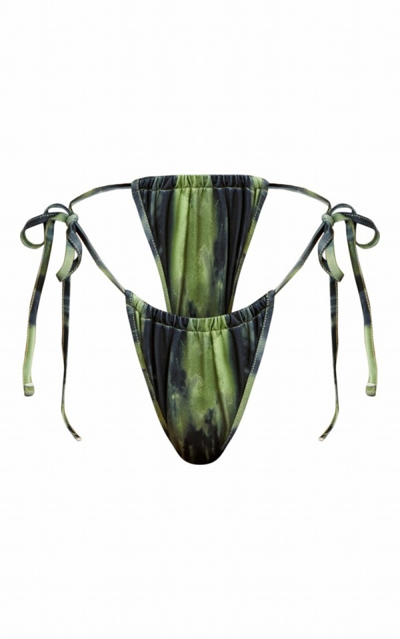 Green Pretty Little Thing Grunge Print Tie Side Bikini Bottoms | VZFLDHU-93