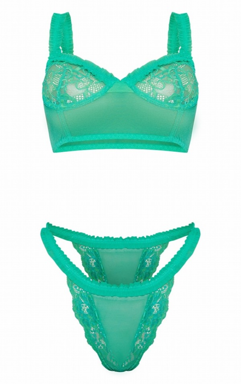 Green Pretty Little Thing Mesh Frill Detail Lace UnderwiLongline Lingerie | YBOXQEW-83