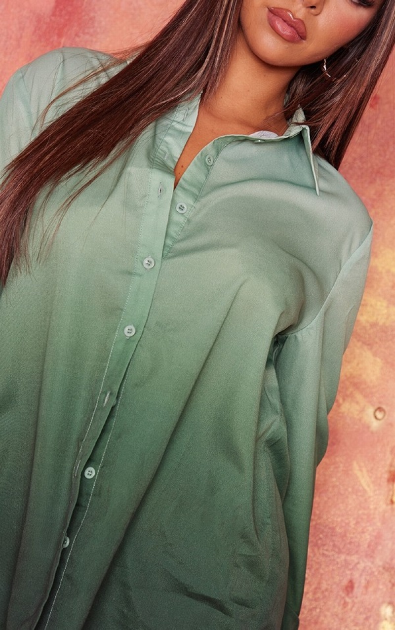 Green Pretty Little Thing Ombre Printed Oversized Shirts | PLEYNHK-07