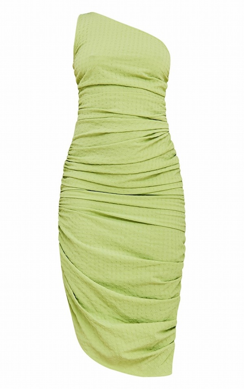 Green Pretty Little Thing One Shoulder TextuRuched Dresses | ONKLAST-64