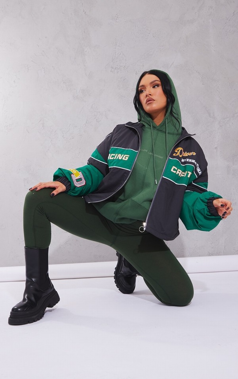 Green Pretty Little Thing Oversized Graphic Zipped Racer Bomber Jackets | VNZCQGS-31