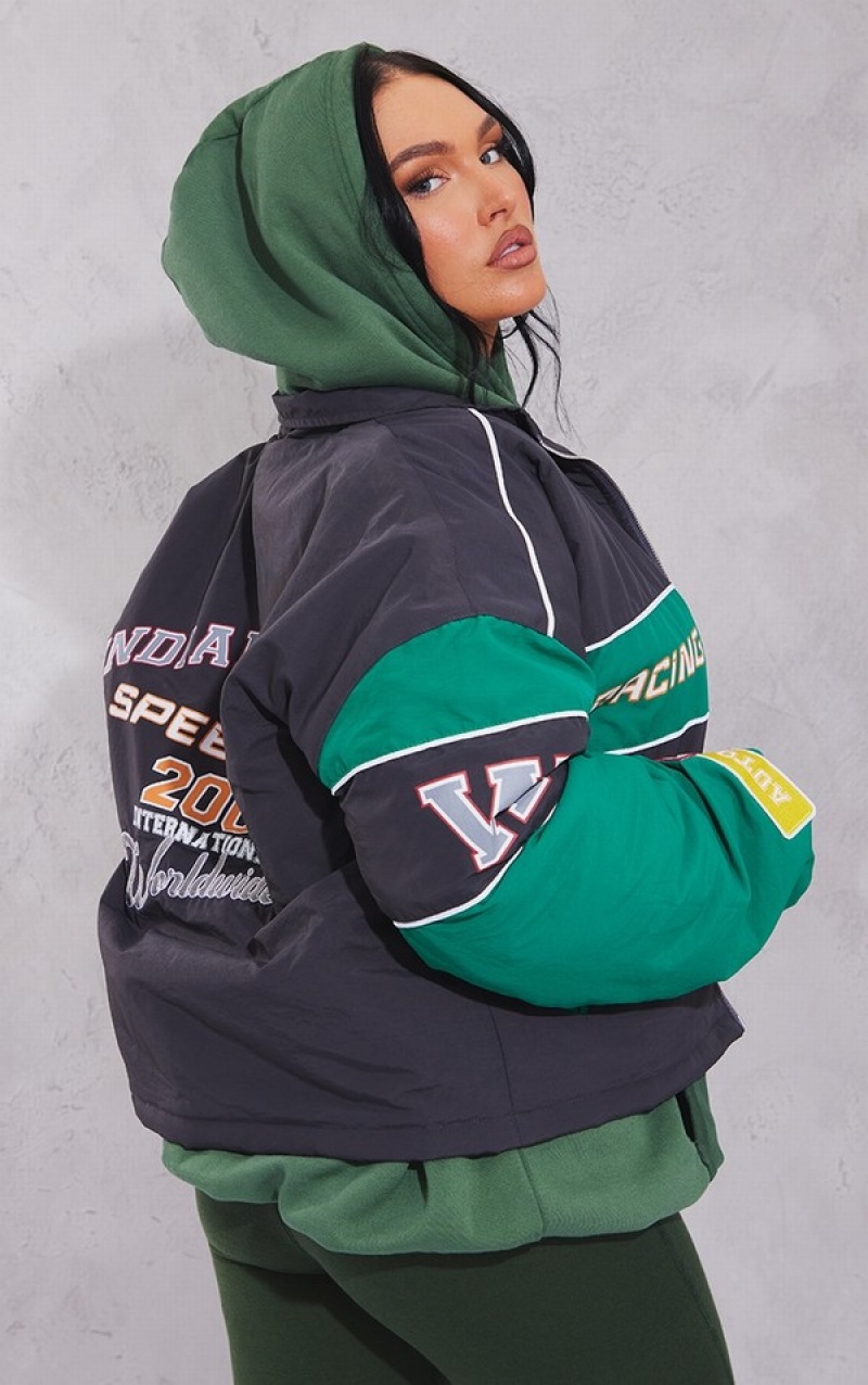 Green Pretty Little Thing Oversized Graphic Zipped Racer Bomber Jackets | VNZCQGS-31