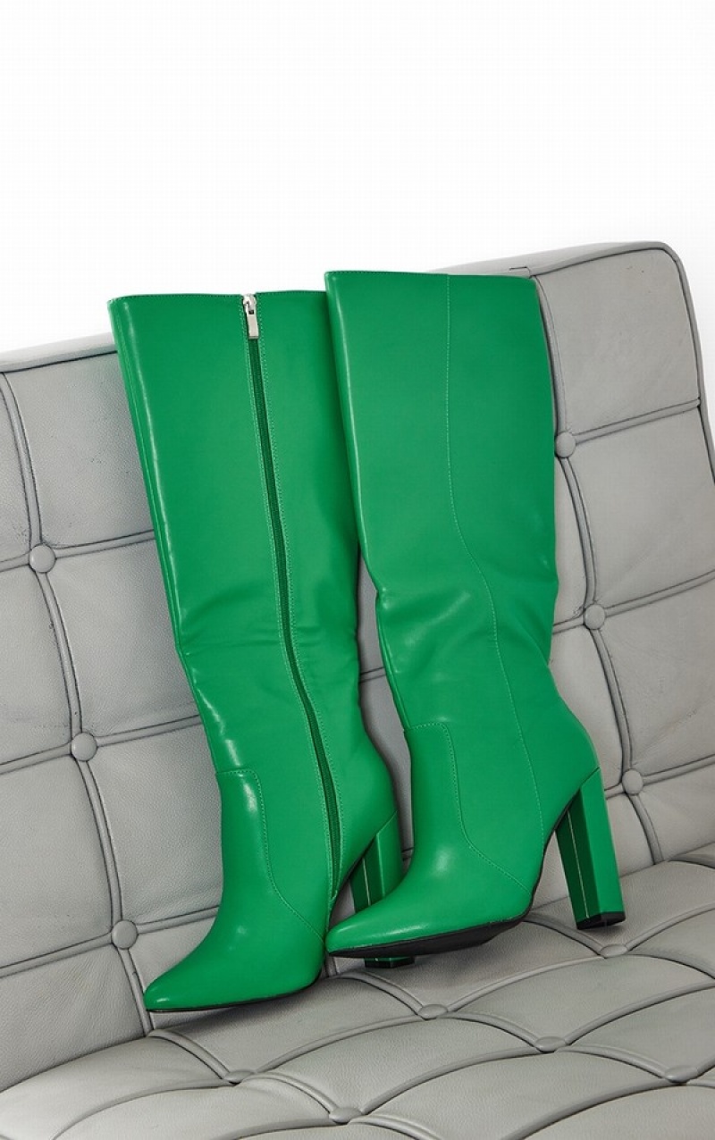 Green Pretty Little Thing PU Point Toe High Block Knee Boots | HXFKEDS-05