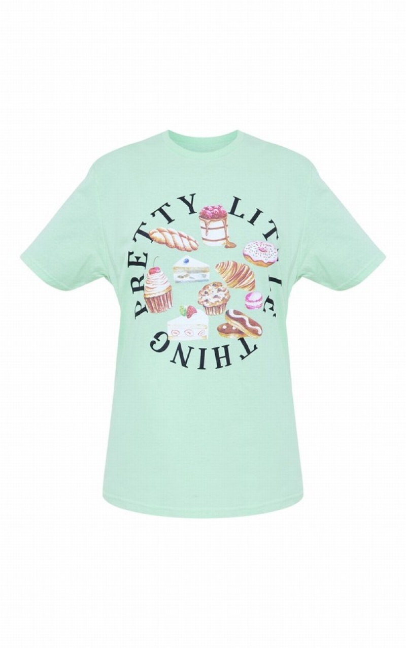 Green Pretty Little Thing Pastel Dessert Print Oversized T-shirts | PVAHYRE-08