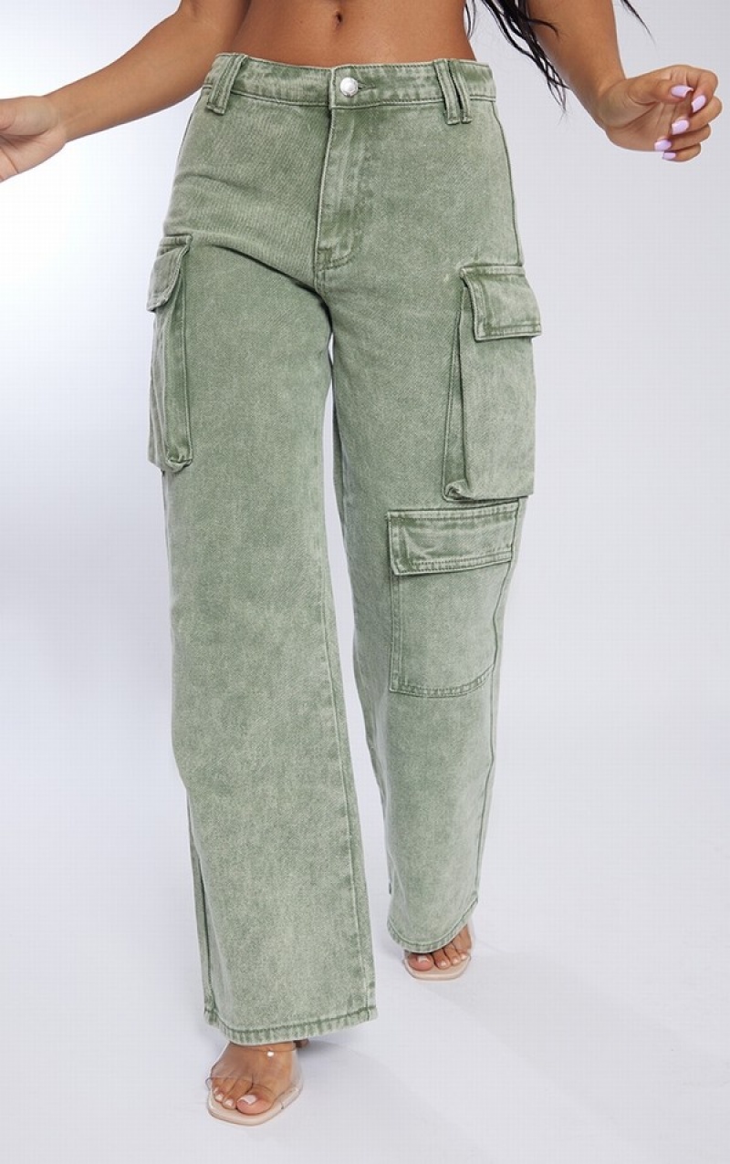 Green Pretty Little Thing Petite Washed Cargo Jeans | SMYKJAO-42