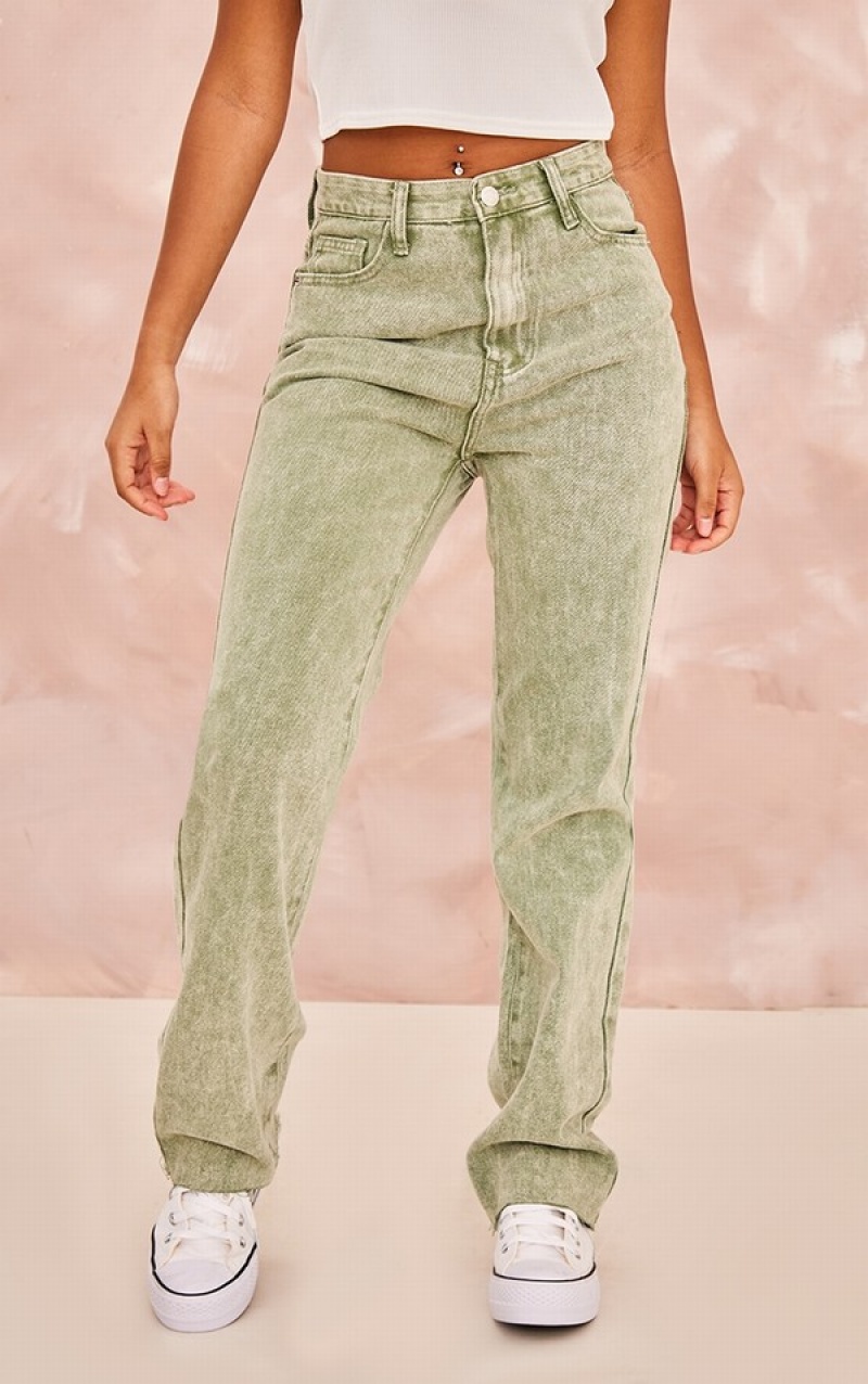 Green Pretty Little Thing Petite Washed Long Leg Straight Jeans | OYANKGR-03