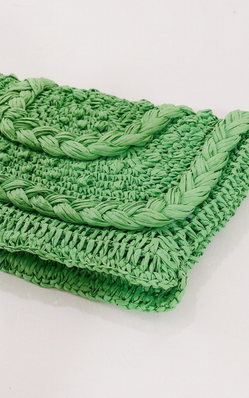 Green Pretty Little Thing Plaited Detail Raffia Clutch Bags | TFHZREA-43