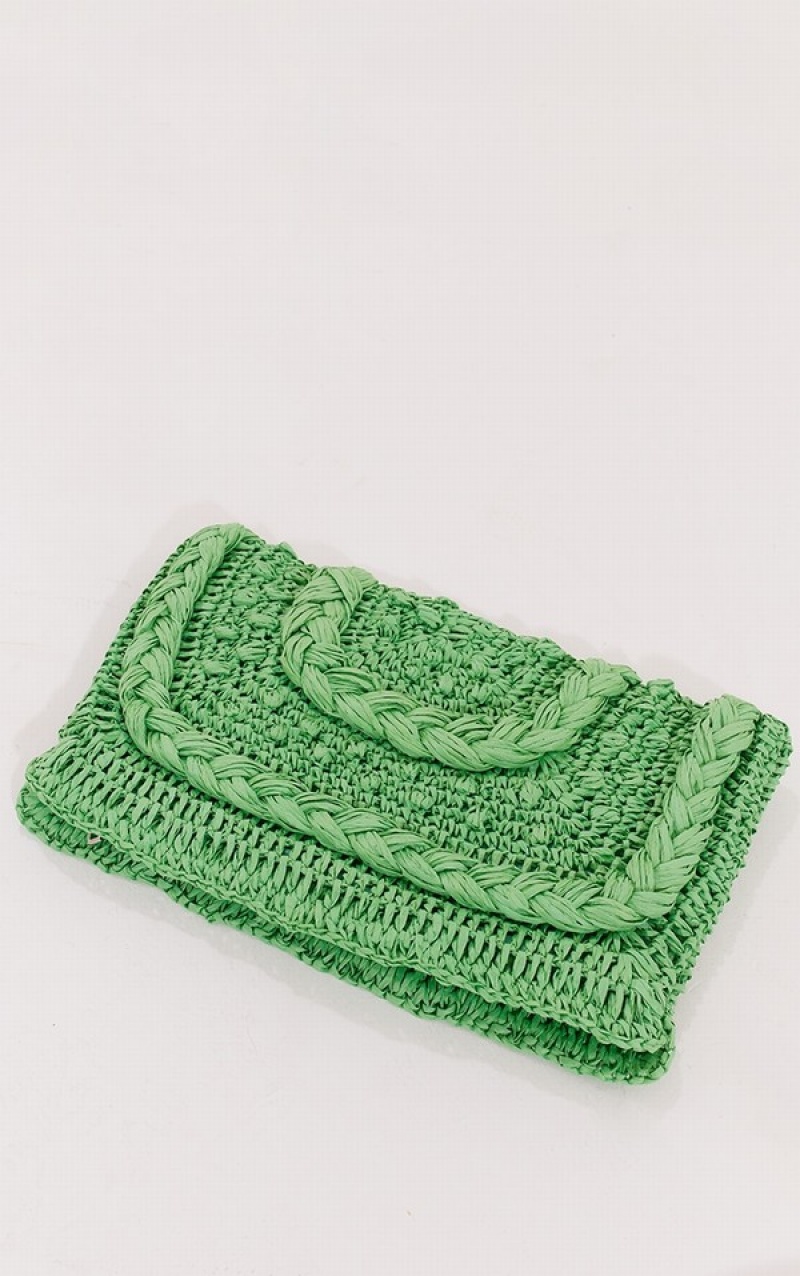 Green Pretty Little Thing Plaited Detail Raffia Clutch Bags | TFHZREA-43