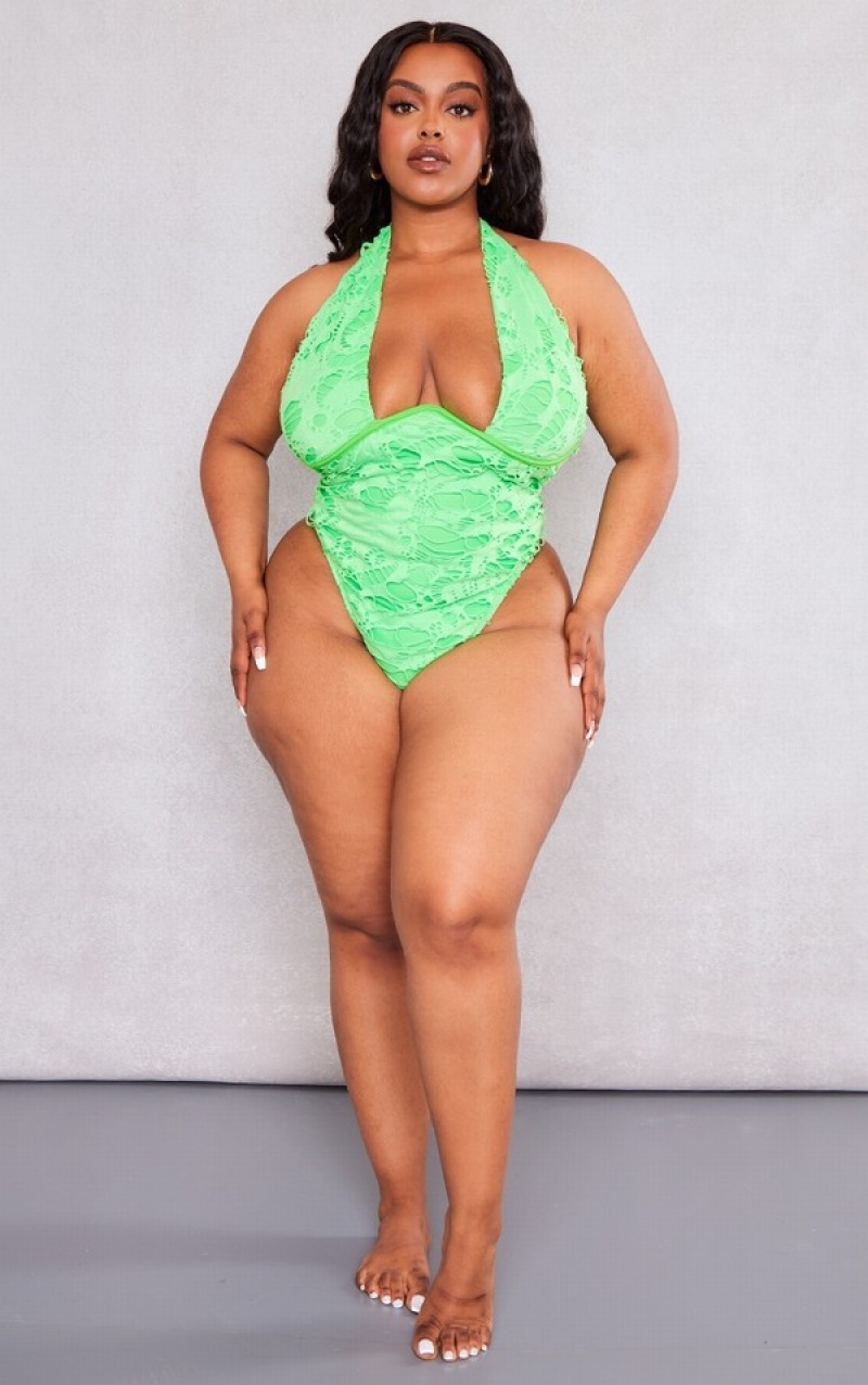 Green Pretty Little Thing Plus Apple Distressed Cut Out Swimsuits | XPDIJSH-51