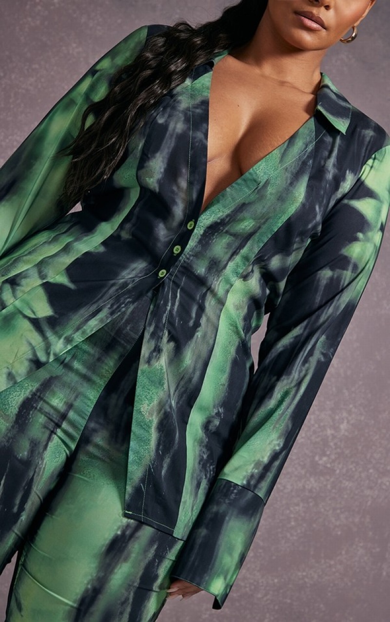 Green Pretty Little Thing Plus Grunge Print Chiffon Fitted Shirts | ARZIOGH-15