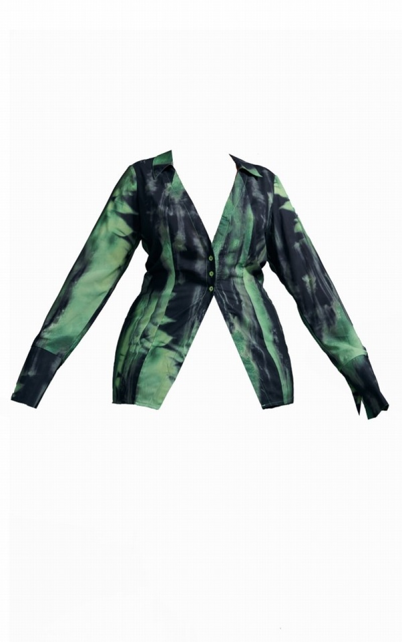 Green Pretty Little Thing Plus Grunge Print Chiffon Fitted Shirts | ARZIOGH-15