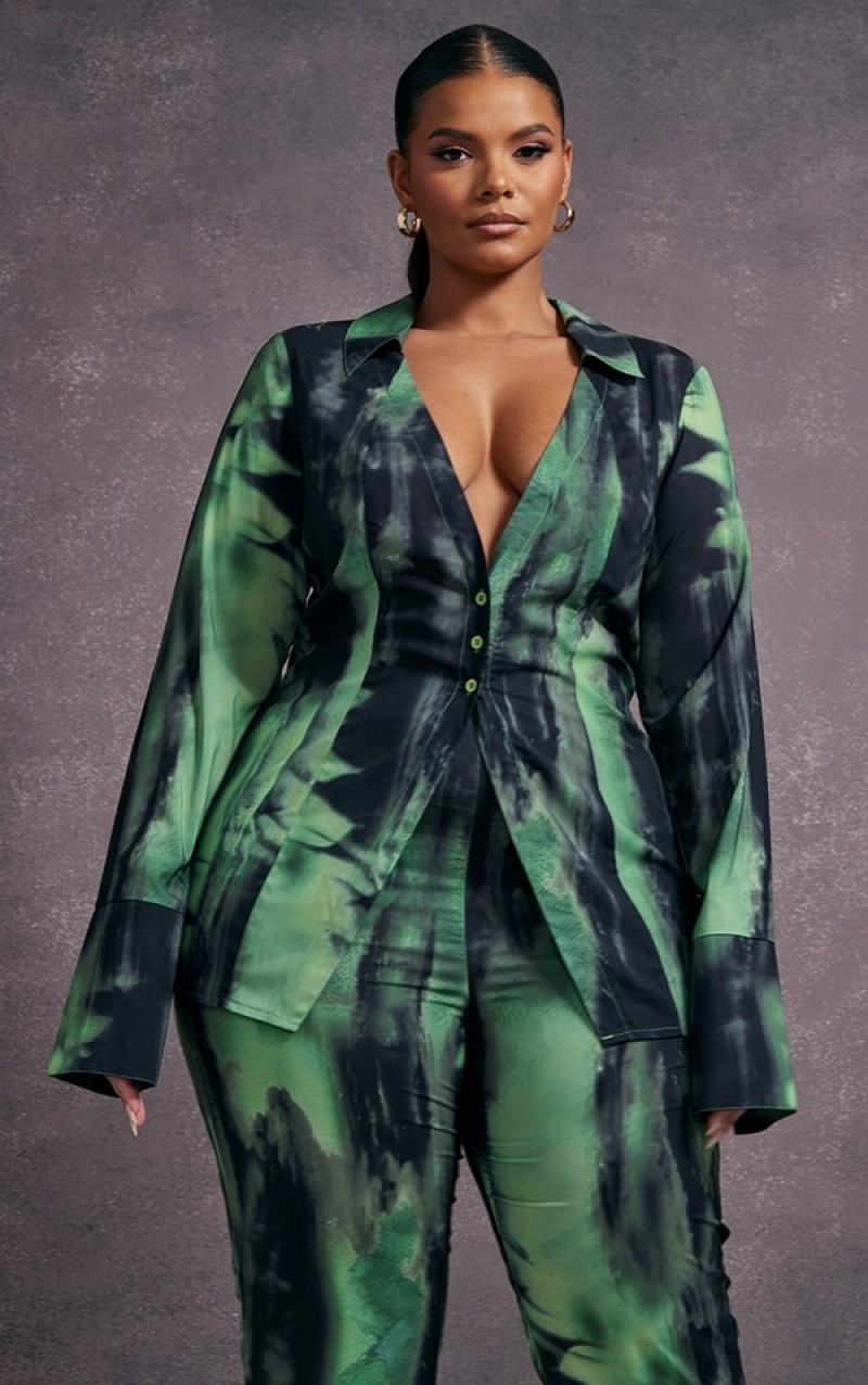 Green Pretty Little Thing Plus Grunge Print Chiffon Fitted Shirts | ARZIOGH-15