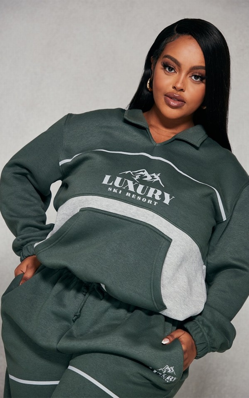 Green Pretty Little Thing Plus Moss Luxury Ski Resort Graphic Sweatshirts | OGQMEDS-64