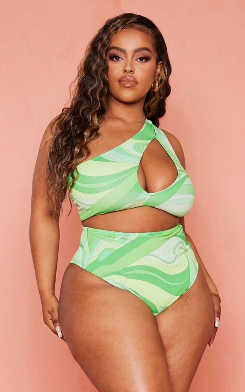 Green Pretty Little Thing Plus Printed High Waisted Bikini Bottoms | TWKEHOJ-17