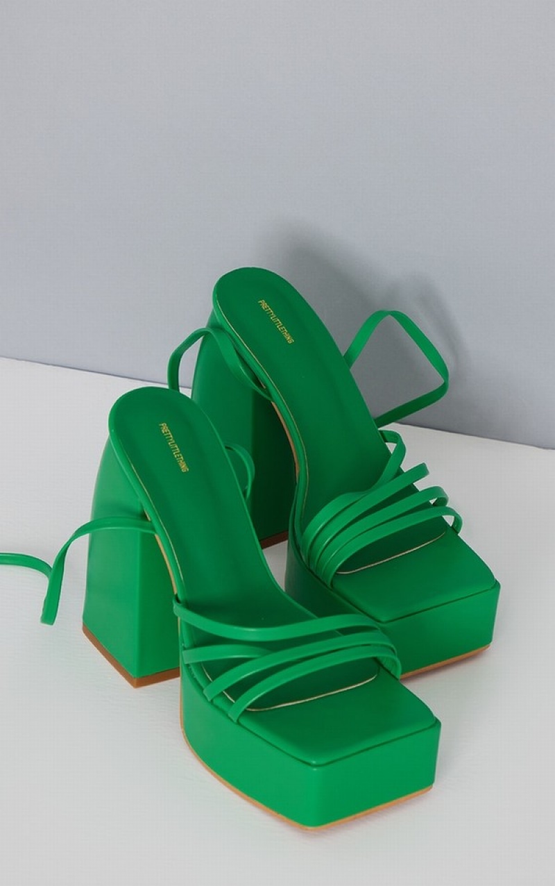 Green Pretty Little Thing Pu Square Toe Platform Strappy Heels | VOFIHAW-28