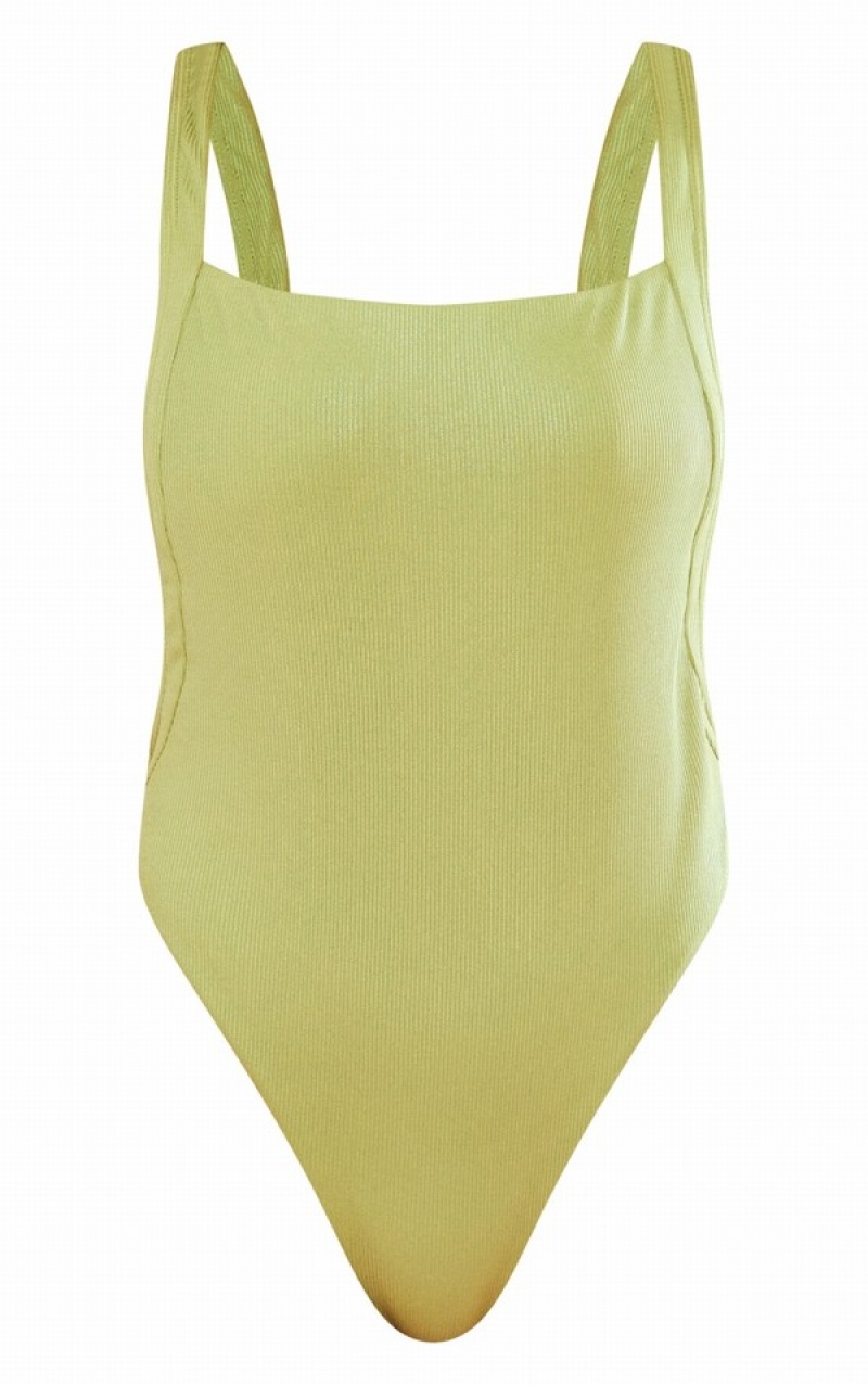 Green Pretty Little Thing Shimmer Ribbed Padded Low Back Swimsuits | HZIBFXT-18