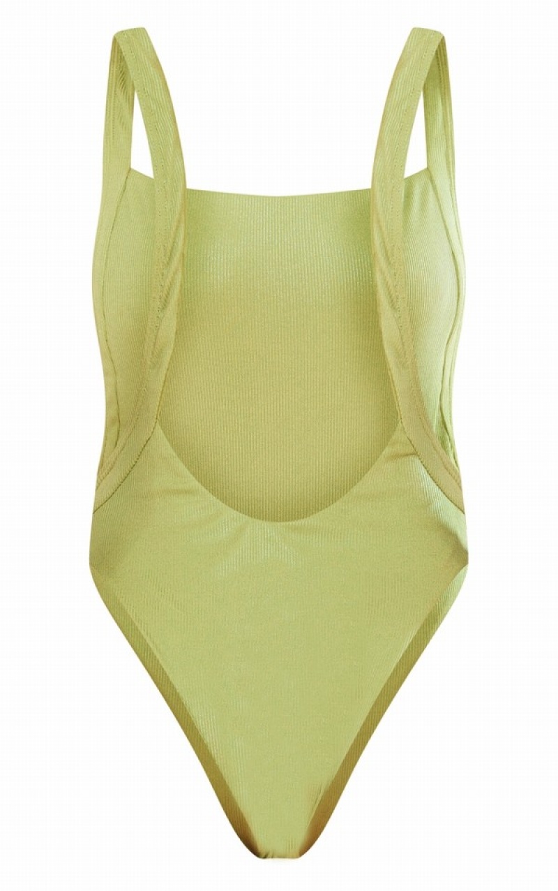 Green Pretty Little Thing Shimmer Ribbed Padded Low Back Swimsuits | HZIBFXT-18