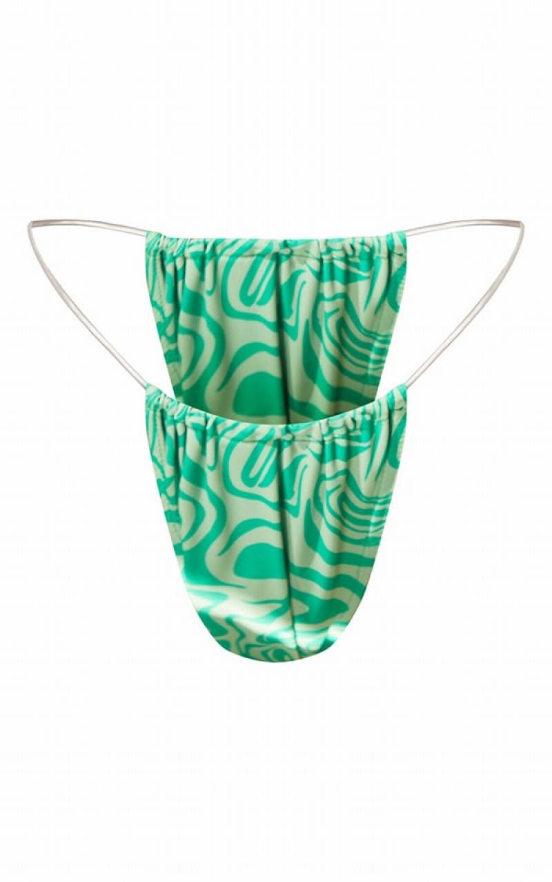 Green Pretty Little Thing Swirl Print Tanga Bikini Bottoms | ZCUXVYP-53