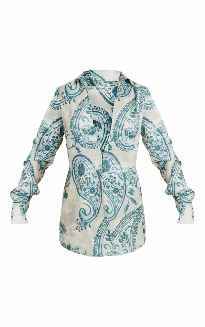 Green Pretty Little Thing Turquoise Paisley Print Oversized Shirts | WSGHEMQ-64