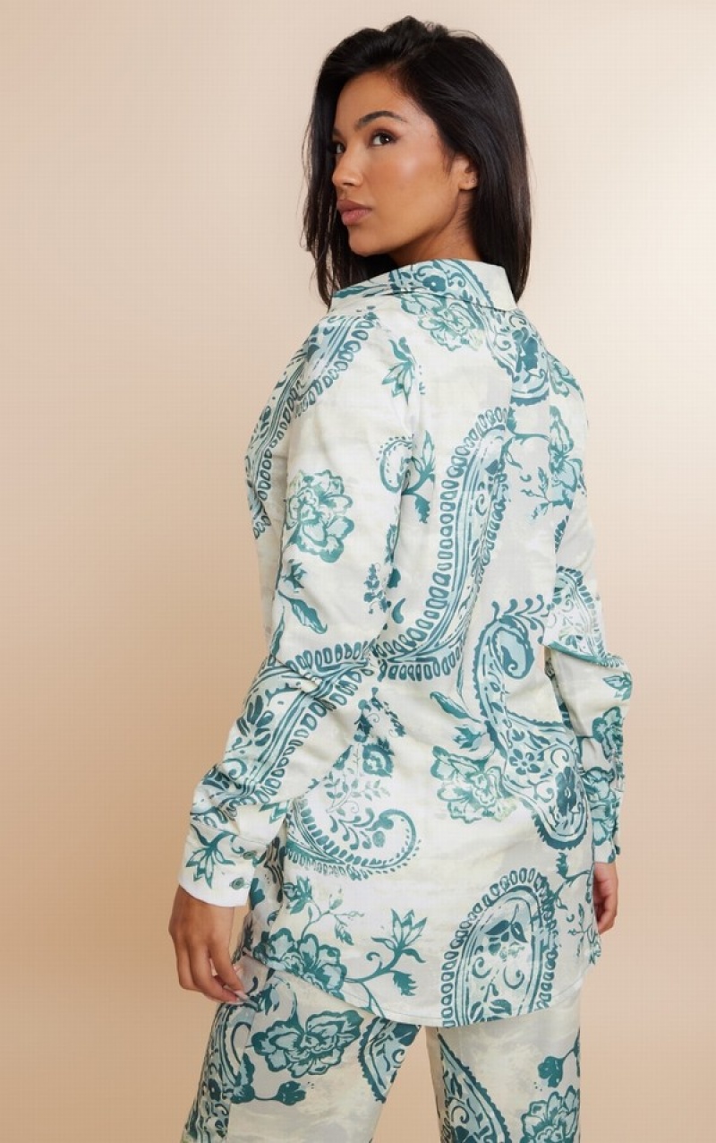 Green Pretty Little Thing Turquoise Paisley Print Oversized Shirts | WSGHEMQ-64